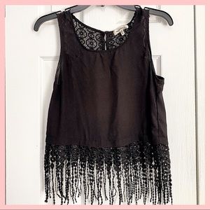 Monteau sheer black fringe & lace crop top